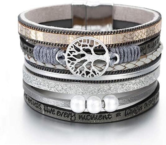 Fesciory Leather Wrap Bracelets for Women, Boho Leopard Multi-Layer Crystal Beads Cuff Bracelet Jewelry
