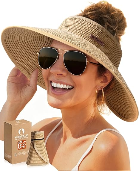 Sun Hats for Women Wide Brim Beach Hat Straw Visor Ponytail Summer UV Packable Foldable Beach Vacation Essentials