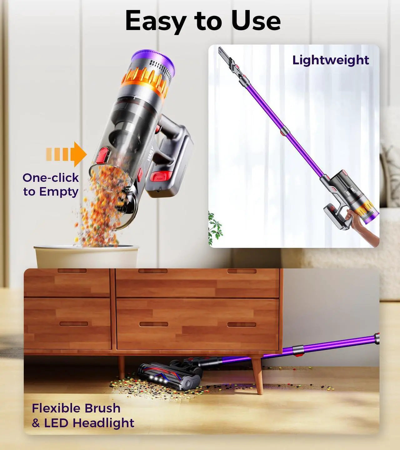 Cordless Vacuum Cleaner, 600W 50Kpa 70 Mins Vacuum Cleaners for Home, Self-Standing Stick Vacuum with Touch Screen, Wall Dock, Anti-Tangle Rechargeable Vacuum for Pet Hair Carpet Hardwood Floor