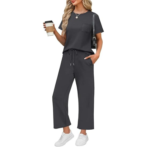 2 Piece Sets for Women Casual Summer Travel Vacation Outfits Short Sleeve Wide Leg Crop Pants Lounge Sets