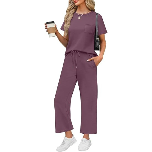 2 Piece Sets for Women Casual Summer Travel Vacation Outfits Short Sleeve Wide Leg Crop Pants Lounge Sets