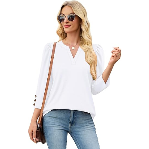 Length Sleeve Womens Tops with Button Cuffs Dressy Casual V Neck Summer Outfits Early Fall Fashion Spring Clothes