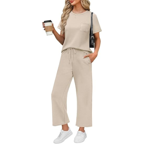 2 Piece Sets for Women Casual Summer Travel Vacation Outfits Short Sleeve Wide Leg Crop Pants Lounge Sets
