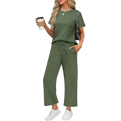 2 Piece Sets for Women Casual Summer Travel Vacation Outfits Short Sleeve Wide Leg Crop Pants Lounge Sets