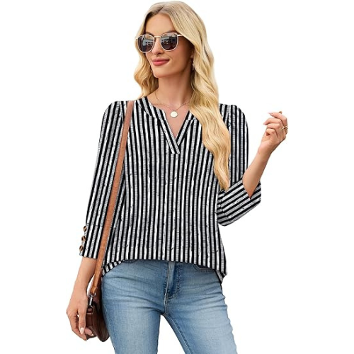 Length Sleeve Womens Tops with Button Cuffs Dressy Casual V Neck Summer Outfits Early Fall Fashion Spring Clothes