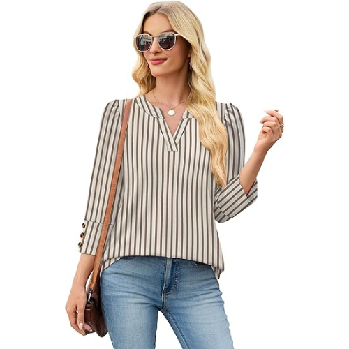 Length Sleeve Womens Tops with Button Cuffs Dressy Casual V Neck Summer Outfits Early Fall Fashion Spring Clothes