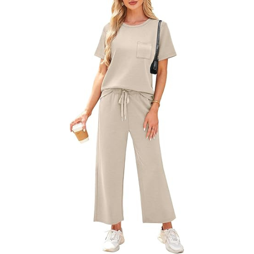 2 Piece Sets for Women Casual Summer Travel Vacation Outfits Short Sleeve Wide Leg Crop Pants Lounge Sets
