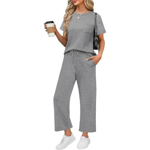 2 Piece Sets for Women Casual Summer Travel Vacation Outfits Short Sleeve Wide Leg Crop Pants Lounge Sets