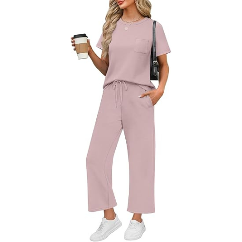 2 Piece Sets for Women Casual Summer Travel Vacation Outfits Short Sleeve Wide Leg Crop Pants Lounge Sets