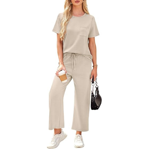 2 Piece Sets for Women Casual Summer Travel Vacation Outfits Short Sleeve Wide Leg Crop Pants Lounge Sets