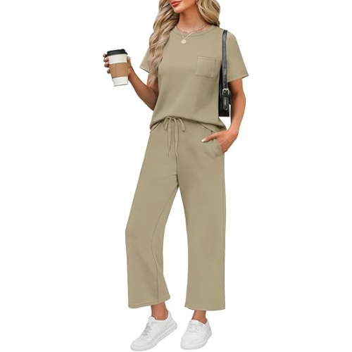 2 Piece Sets for Women Casual Summer Travel Vacation Outfits Short Sleeve Wide Leg Crop Pants Lounge Sets