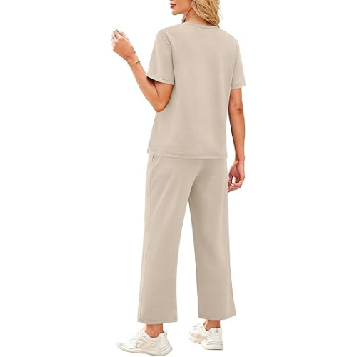 2 Piece Sets for Women Casual Summer Travel Vacation Outfits Short Sleeve Wide Leg Crop Pants Lounge Sets