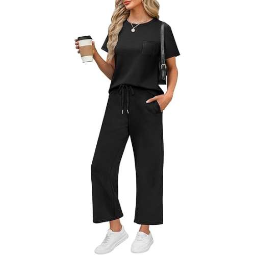 2 Piece Sets for Women Casual Summer Travel Vacation Outfits Short Sleeve Wide Leg Crop Pants Lounge Sets