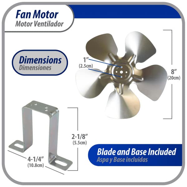 Appli Parts APFM-51E 5W Refrigeration Condenser and Evaporator Motor 115V 60Hz 0.4A 1450rpm Includes Base and 8in Aluminum Fan Blade CCW Shaft end Universal fit