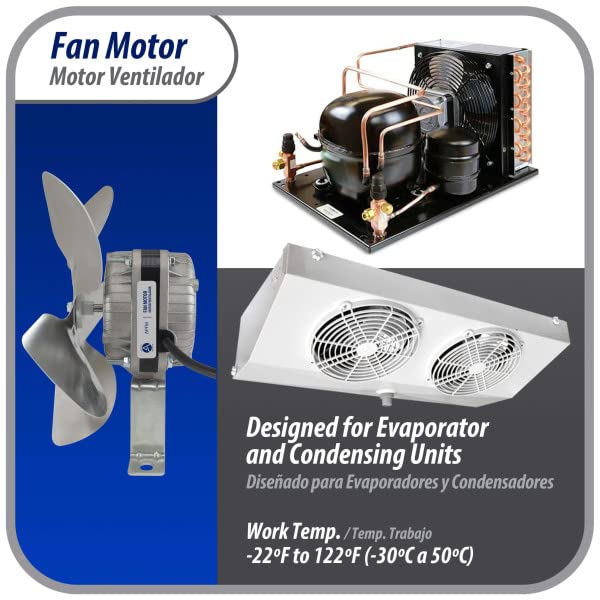 Appli Parts APFM-51E 5W Refrigeration Condenser and Evaporator Motor 115V 60Hz 0.4A 1450rpm Includes Base and 8in Aluminum Fan Blade CCW Shaft end Universal fit