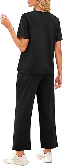 2 Piece Sets for Women Casual Summer Travel Vacation Outfits Short Sleeve Wide Leg Crop Pants Lounge Sets