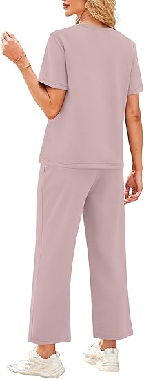 2 Piece Sets for Women Casual Summer Travel Vacation Outfits Short Sleeve Wide Leg Crop Pants Lounge Sets