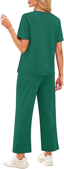2 Piece Sets for Women Casual Summer Travel Vacation Outfits Short Sleeve Wide Leg Crop Pants Lounge Sets