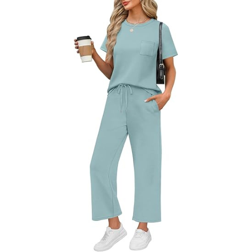 2 Piece Sets for Women Casual Summer Travel Vacation Outfits Short Sleeve Wide Leg Crop Pants Lounge Sets