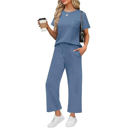 2 Piece Sets for Women Casual Summer Travel Vacation Outfits Short Sleeve Wide Leg Crop Pants Lounge Sets