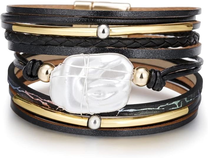 Fesciory Leather Wrap Bracelets for Women, Boho Leopard Multi-Layer Crystal Beads Cuff Bracelet Jewelry
