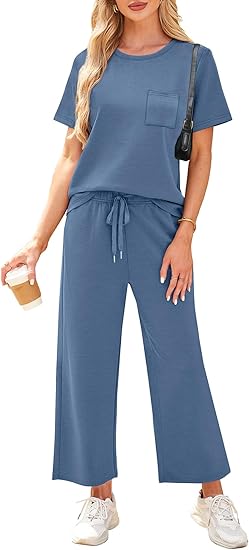 2 Piece Sets for Women Casual Summer Travel Vacation Outfits Short Sleeve Wide Leg Crop Pants Lounge Sets