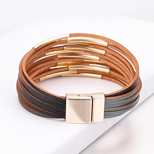 Fesciory Leather Wrap Bracelets for Women, Boho Leopard Multi-Layer Crystal Beads Cuff Bracelet Jewelry