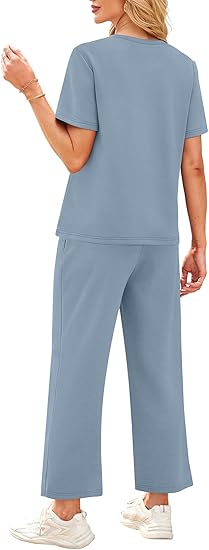 2 Piece Sets for Women Casual Summer Travel Vacation Outfits Short Sleeve Wide Leg Crop Pants Lounge Sets