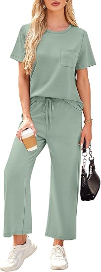 2 Piece Sets for Women Casual Summer Travel Vacation Outfits Short Sleeve Wide Leg Crop Pants Lounge Sets