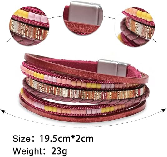 Fesciory Leather Wrap Bracelets for Women, Boho Leopard Multi-Layer Crystal Beads Cuff Bracelet Jewelry