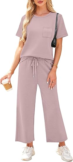 2 Piece Sets for Women Casual Summer Travel Vacation Outfits Short Sleeve Wide Leg Crop Pants Lounge Sets