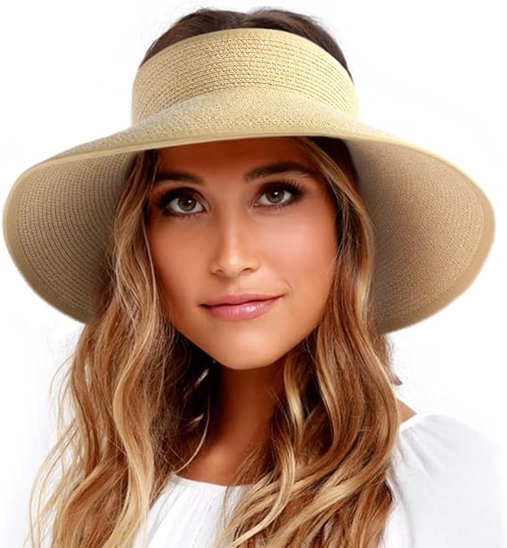 Sun Hats for Women Wide Brim Beach Hat Straw Visor Ponytail Summer UV Packable Foldable Beach Vacation Essentials