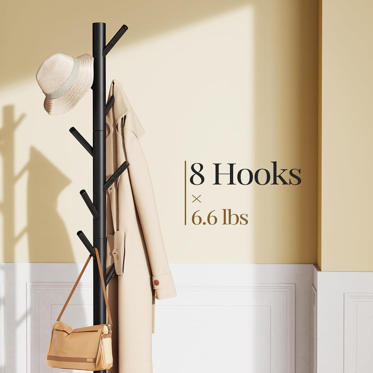 Sturdy Wooden Coat Tree with 8 Hooks, 3 Adjustable Sizes for Clothes, Hat Stand Used in Bedroom/Office/Entryway, Brown