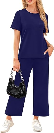 2 Piece Sets for Women Casual Summer Travel Vacation Outfits Short Sleeve Wide Leg Crop Pants Lounge Sets