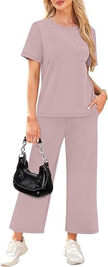 2 Piece Sets for Women Casual Summer Travel Vacation Outfits Short Sleeve Wide Leg Crop Pants Lounge Sets