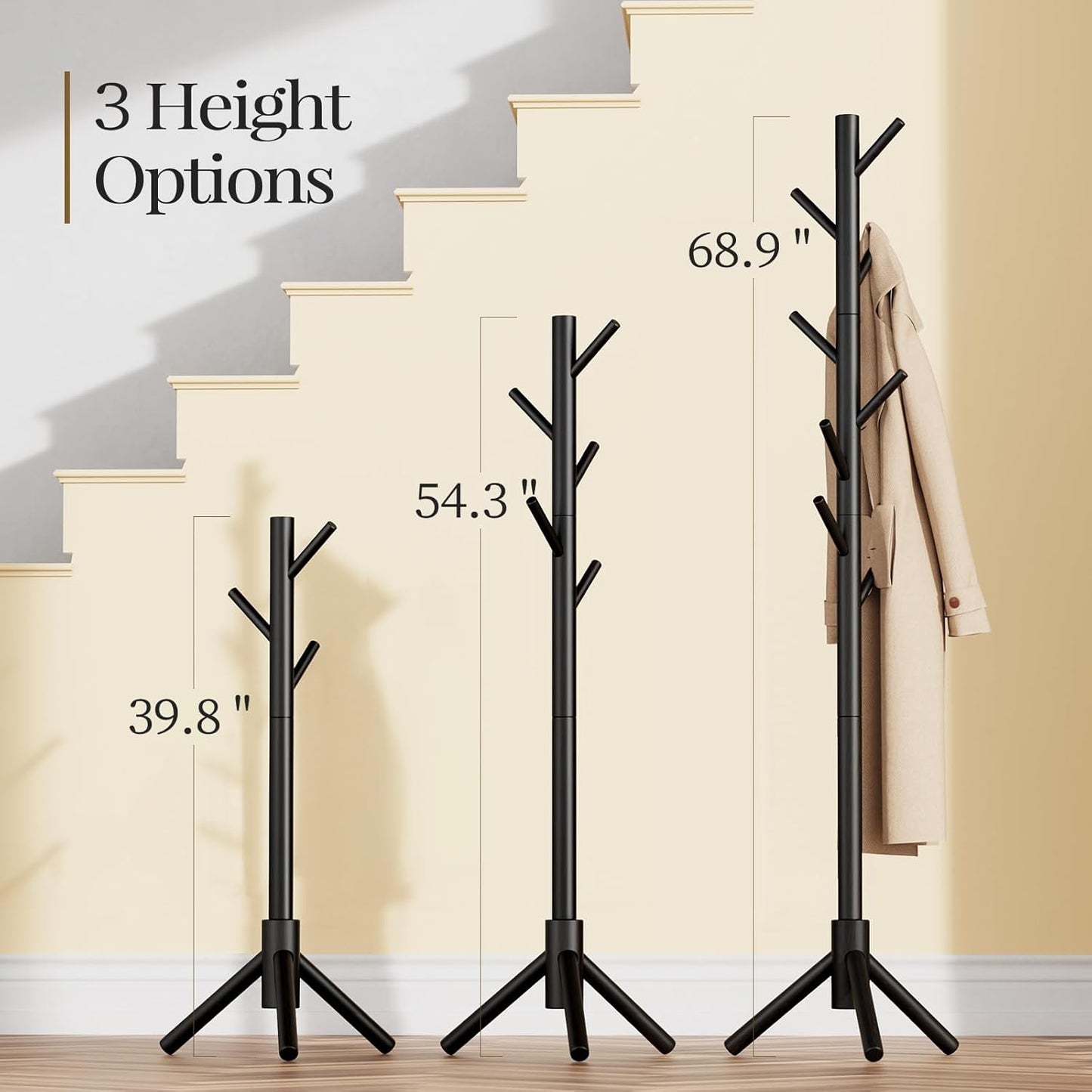 Sturdy Wooden Coat Tree with 8 Hooks, 3 Adjustable Sizes for Clothes, Hat Stand Used in Bedroom/Office/Entryway, Brown