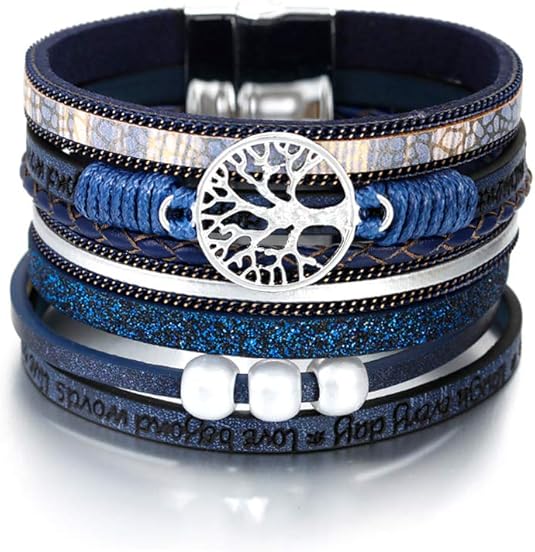 Fesciory Leather Wrap Bracelets for Women, Boho Leopard Multi-Layer Crystal Beads Cuff Bracelet Jewelry