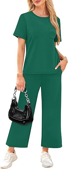 2 Piece Sets for Women Casual Summer Travel Vacation Outfits Short Sleeve Wide Leg Crop Pants Lounge Sets