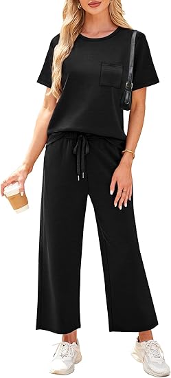 2 Piece Sets for Women Casual Summer Travel Vacation Outfits Short Sleeve Wide Leg Crop Pants Lounge Sets