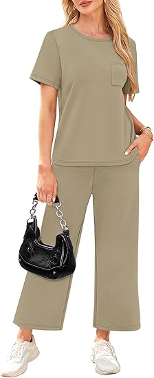 2 Piece Sets for Women Casual Summer Travel Vacation Outfits Short Sleeve Wide Leg Crop Pants Lounge Sets
