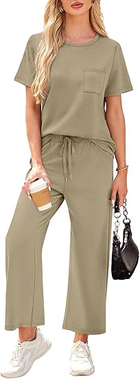 2 Piece Sets for Women Casual Summer Travel Vacation Outfits Short Sleeve Wide Leg Crop Pants Lounge Sets