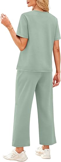 2 Piece Sets for Women Casual Summer Travel Vacation Outfits Short Sleeve Wide Leg Crop Pants Lounge Sets