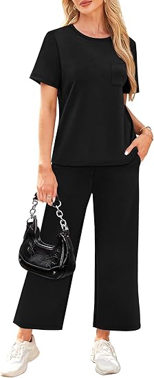 2 Piece Sets for Women Casual Summer Travel Vacation Outfits Short Sleeve Wide Leg Crop Pants Lounge Sets