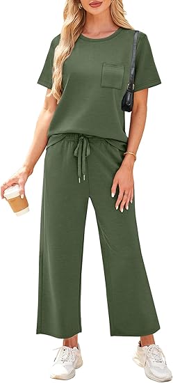 2 Piece Sets for Women Casual Summer Travel Vacation Outfits Short Sleeve Wide Leg Crop Pants Lounge Sets