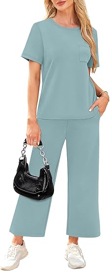 2 Piece Sets for Women Casual Summer Travel Vacation Outfits Short Sleeve Wide Leg Crop Pants Lounge Sets