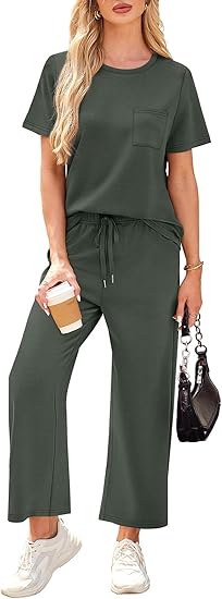 2 Piece Sets for Women Casual Summer Travel Vacation Outfits Short Sleeve Wide Leg Crop Pants Lounge Sets