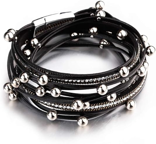 Fesciory Leather Wrap Bracelets for Women, Boho Leopard Multi-Layer Crystal Beads Cuff Bracelet Jewelry
