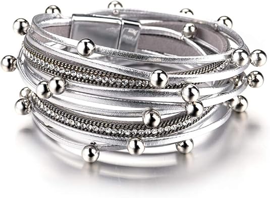 Fesciory Leather Wrap Bracelets for Women, Boho Leopard Multi-Layer Crystal Beads Cuff Bracelet Jewelry