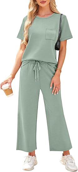 2 Piece Sets for Women Casual Summer Travel Vacation Outfits Short Sleeve Wide Leg Crop Pants Lounge Sets