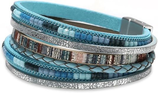 Fesciory Leather Wrap Bracelets for Women, Boho Leopard Multi-Layer Crystal Beads Cuff Bracelet Jewelry